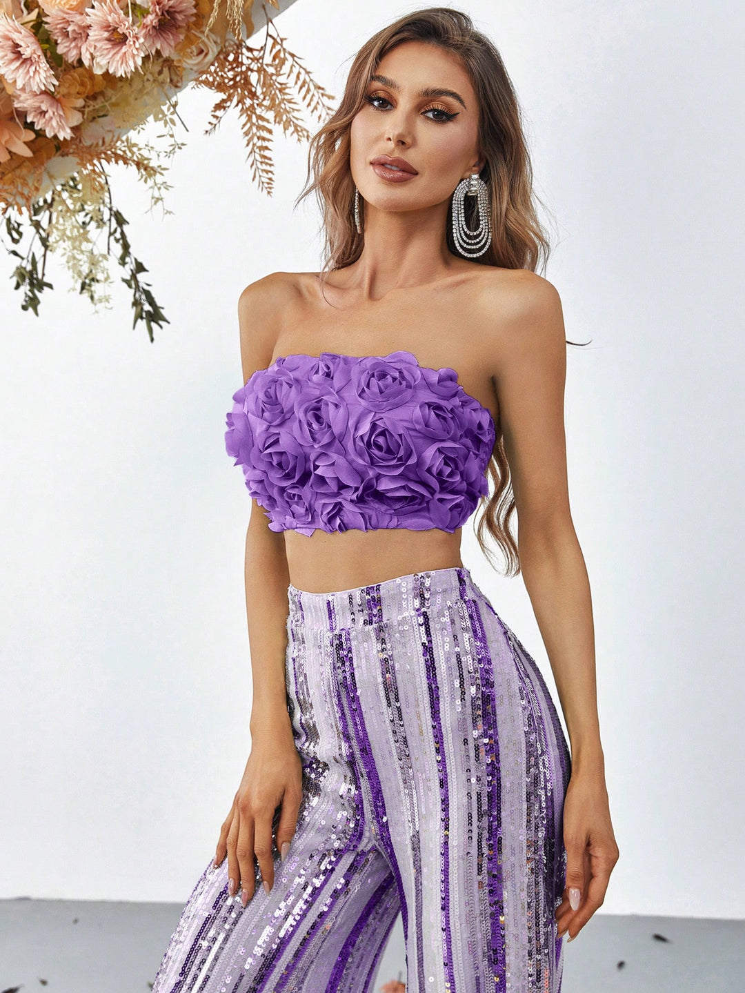 3D Flower Tube Top & Sequin Wide Leg Pants