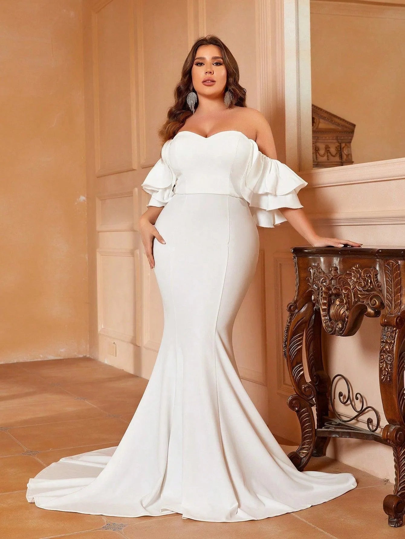 Plus Off Shoulder Ruffle Sleeve Mermaid Wedding Dress