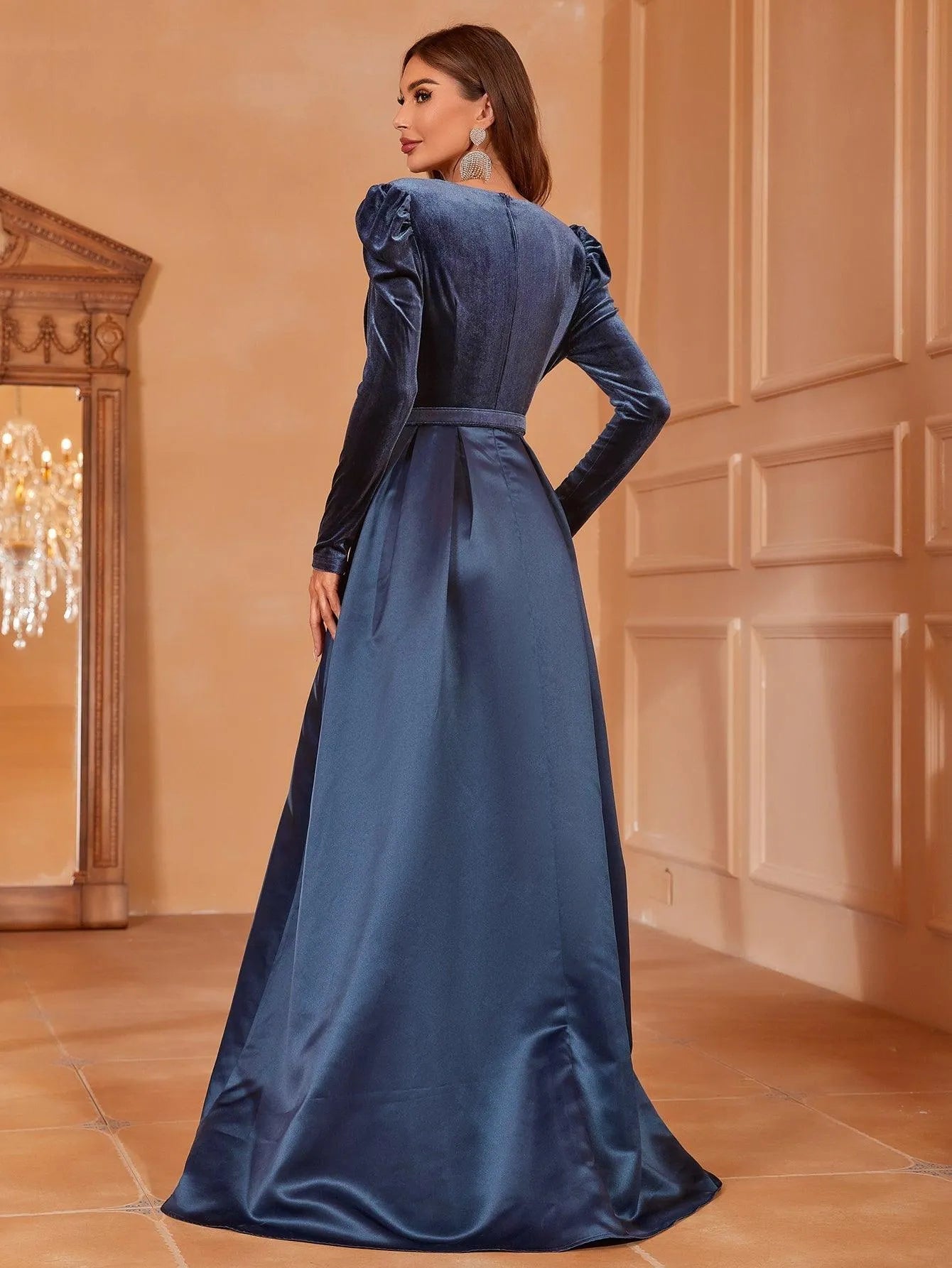 Surplice Neck Long Sleeves Belted Satin A Line Dress