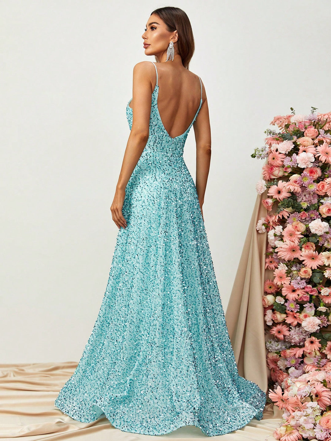 Elegant Spaghetti Strap Sleeveless Sequin A Line Dresses