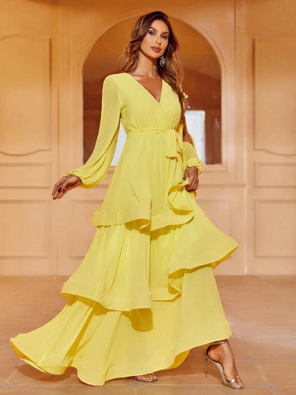 Cascading Ruffle Lantern Sleeves Chiffon Dresses