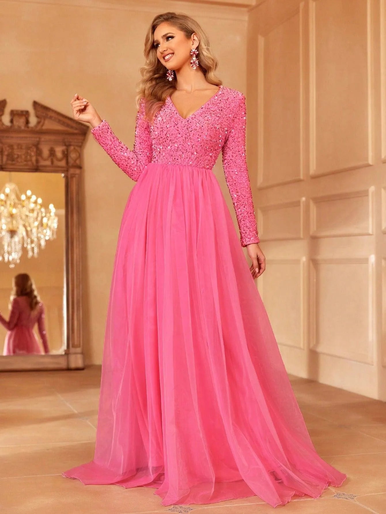 Classic Long-Sleeved V-Neck Formal Dress