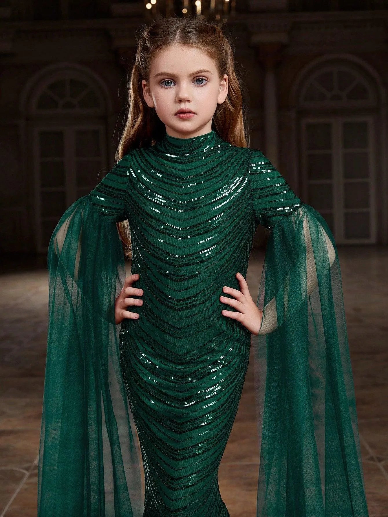 Tween Girls' Cloak Sleeves Sequin Mermaid Dress