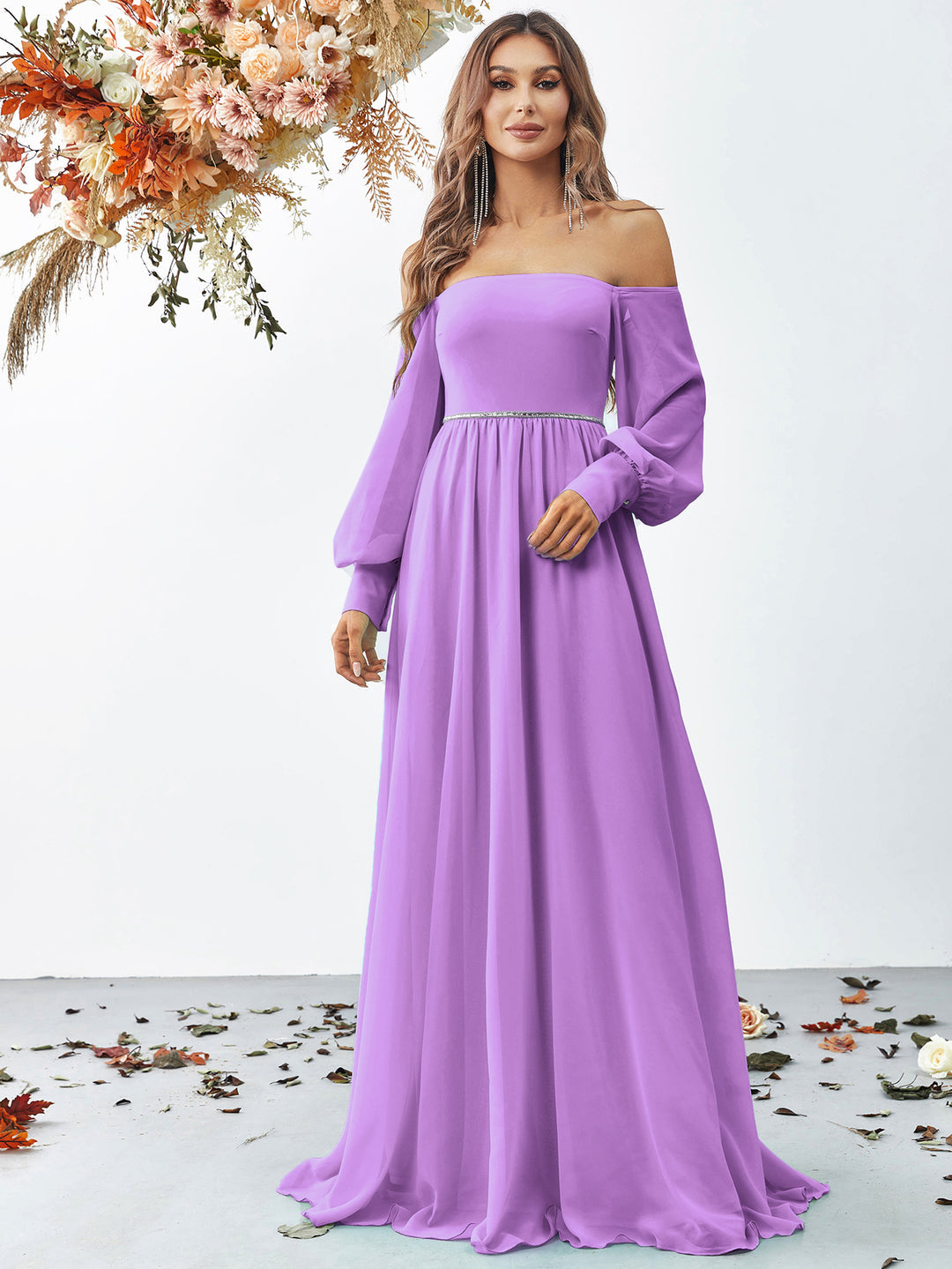 Off Shoulder Lantern Sleeve Rhinestone Waistband Chiffon Dress