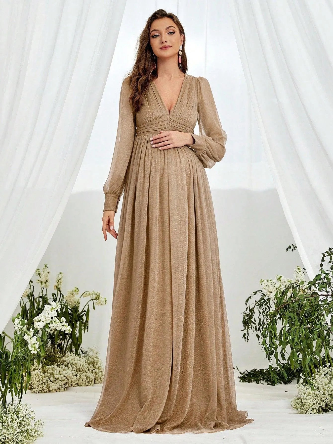 Maternity V Neck Lantern Sleeve A Line Dress