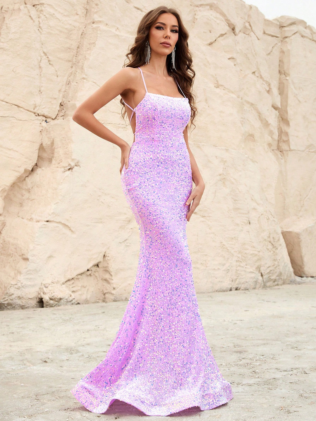 Spaghetti Strap Lace Up Back Sequin Mermaid Dress