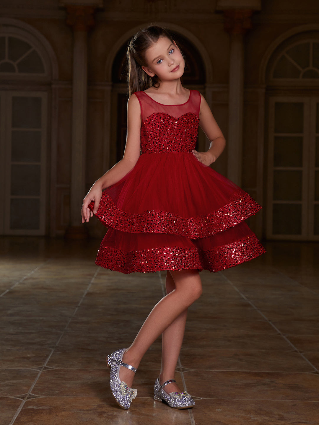 Girl's Mesh Layered Hem Contrast Sequin Party Dress