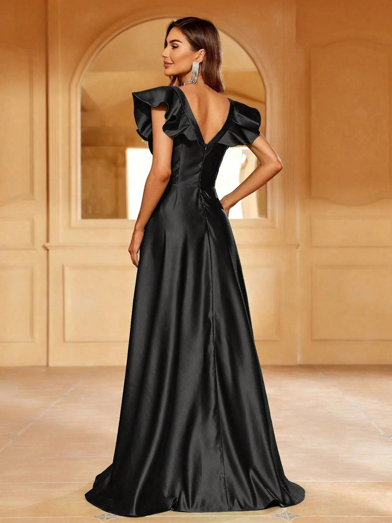 Elegant Ruffle Trim Plunging Neck Satin Formal Dress