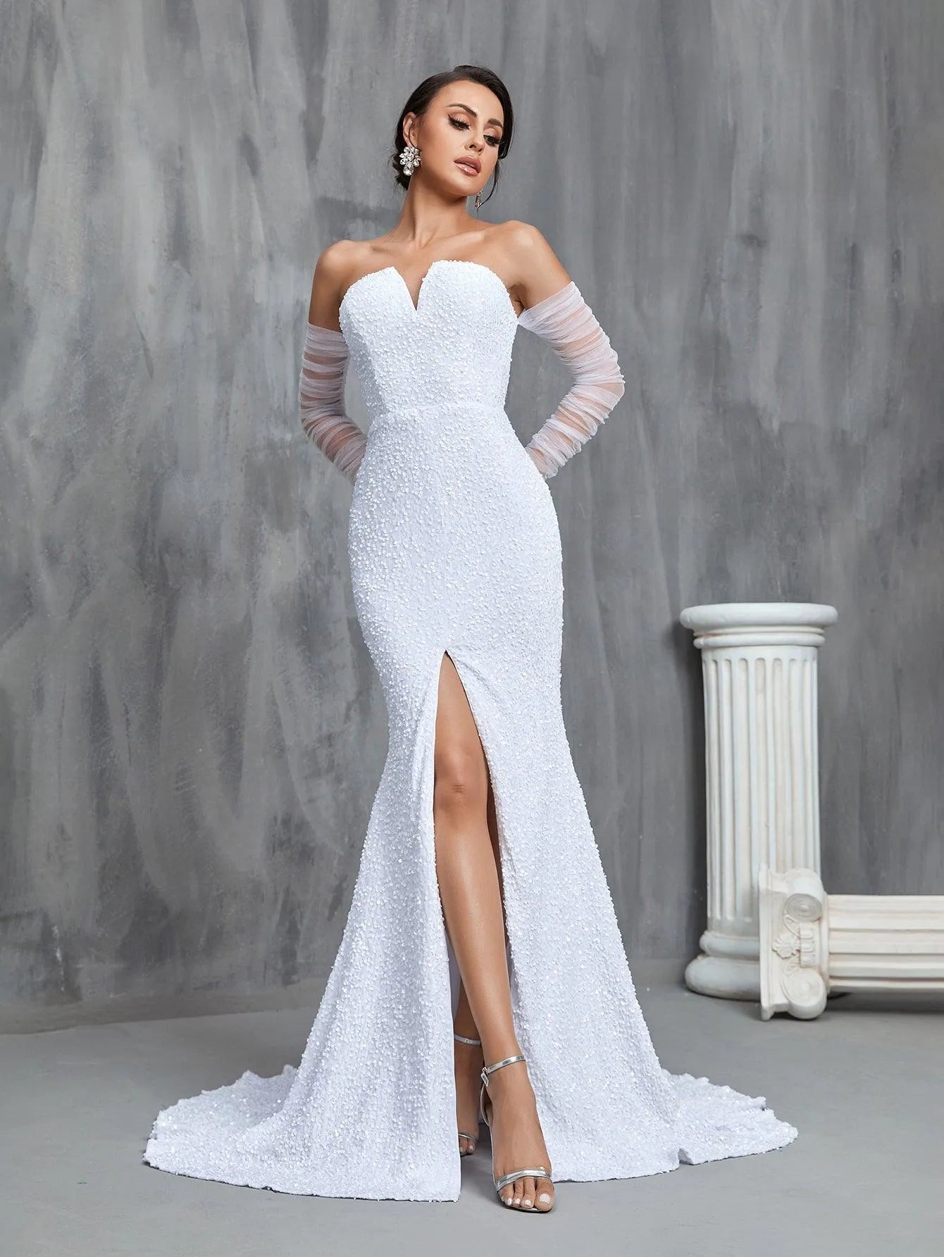 Mermaid Hem Split Sequin Tube Wedding Dress