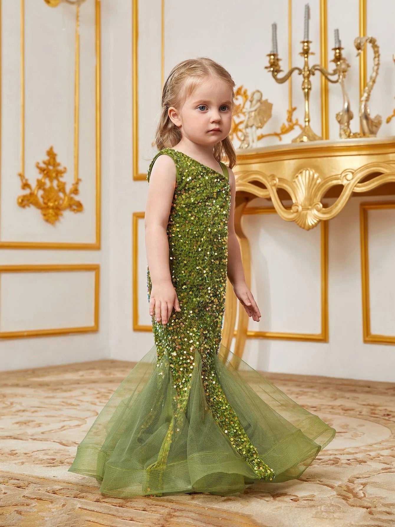 Young Girls' Mesh Insert Mermaid Hem Sequin Dress