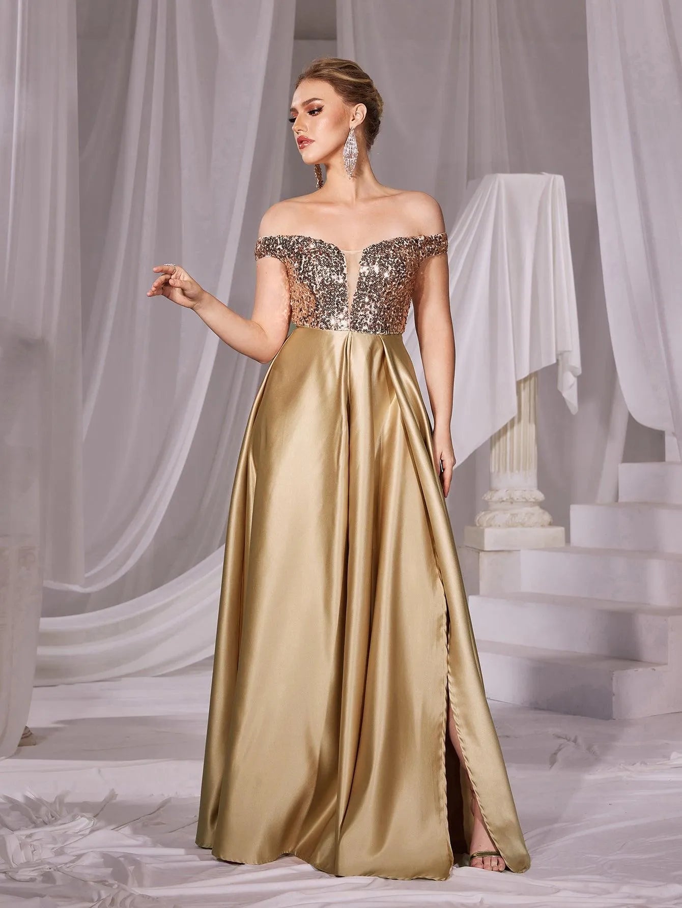 Off Shoulder Contrast Sequin Satin Prom Dress