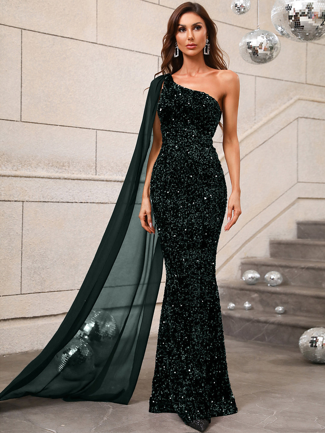 Elegant Sequin One Shoulder Sash Prom Dresses