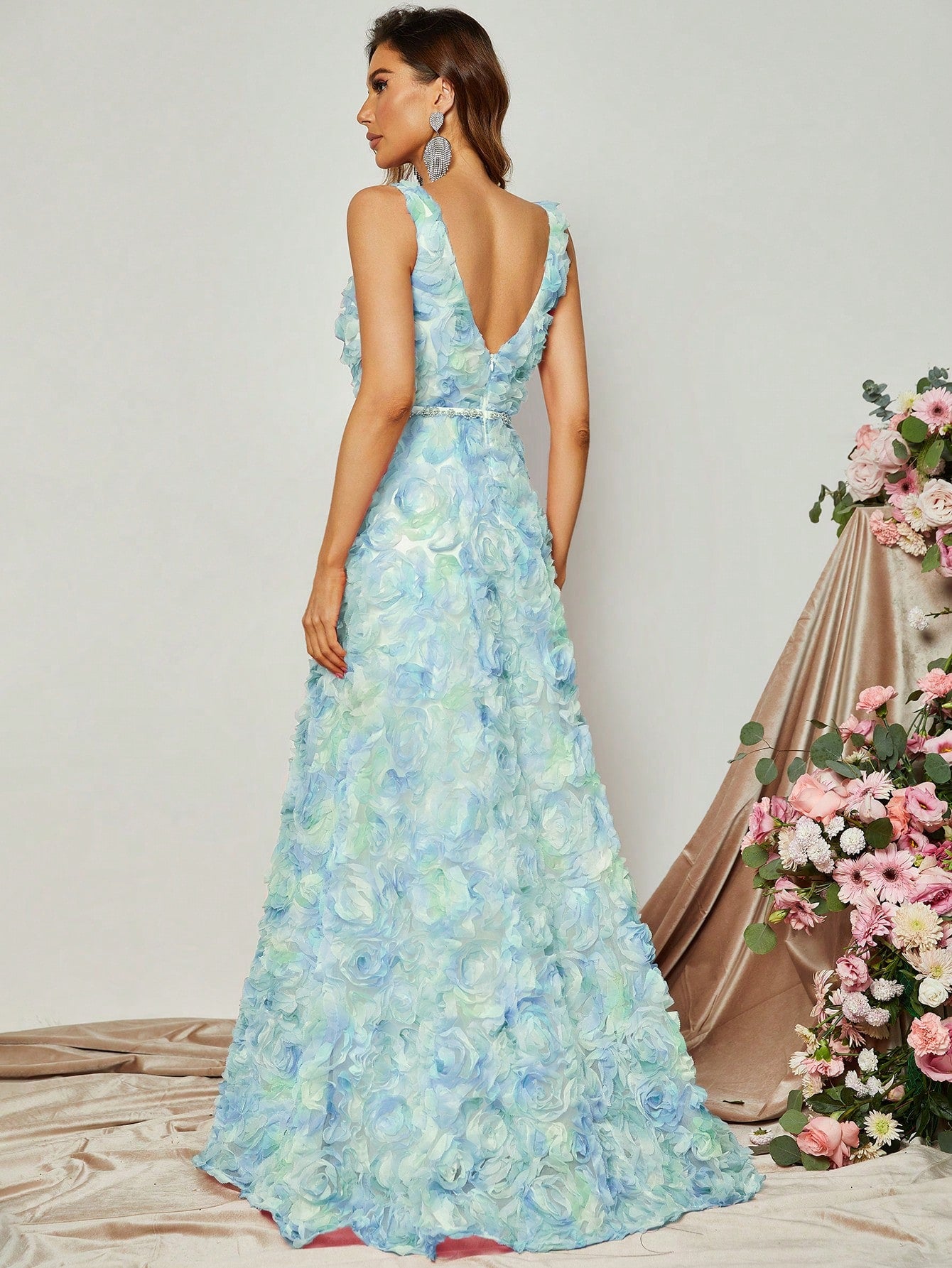 Elegant Scoop Neck Sleeveless 3D Flower A-Line Dresses