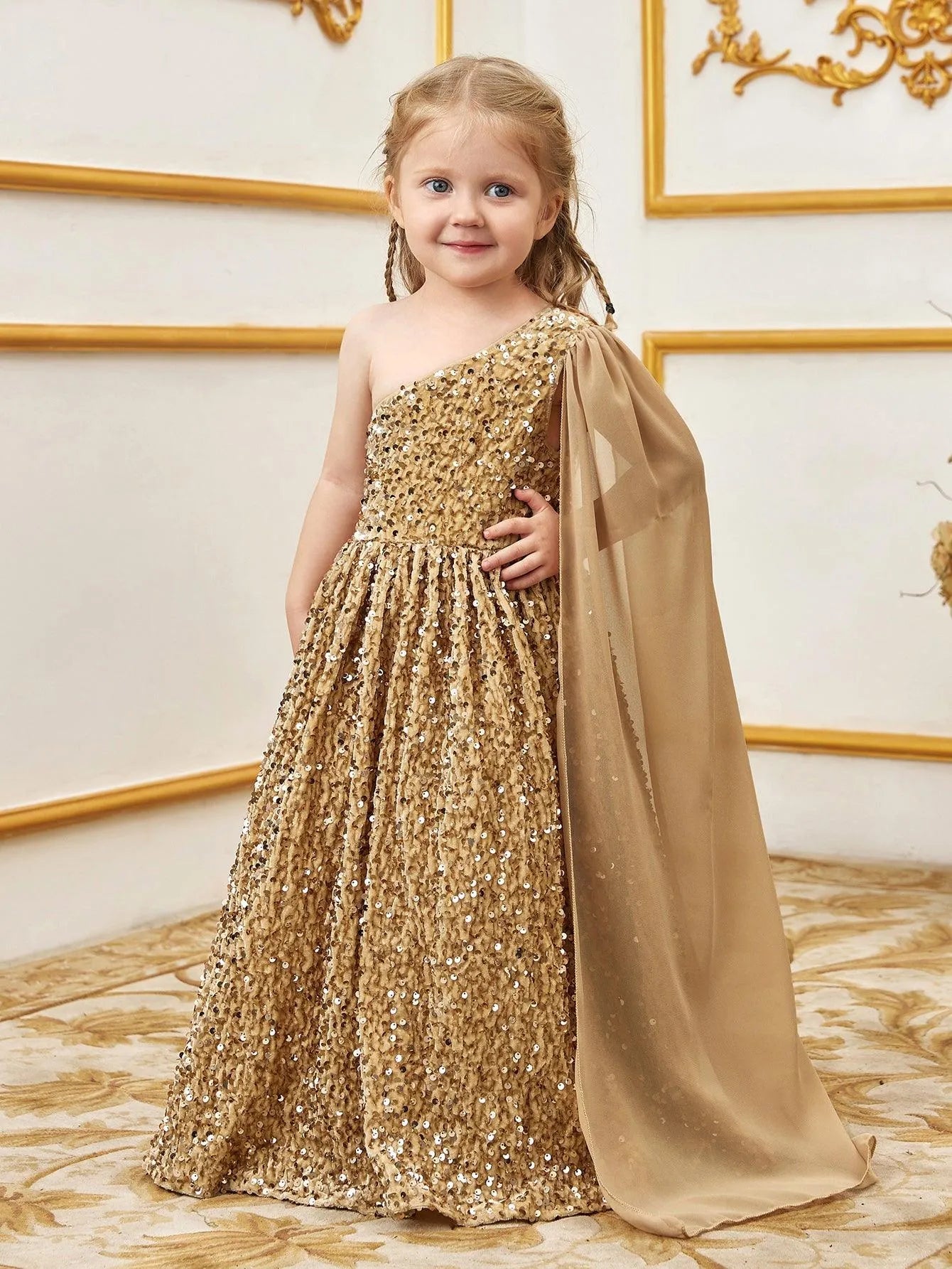 Young Girls' One Shoulder Draped Side Sequin A Line Dress