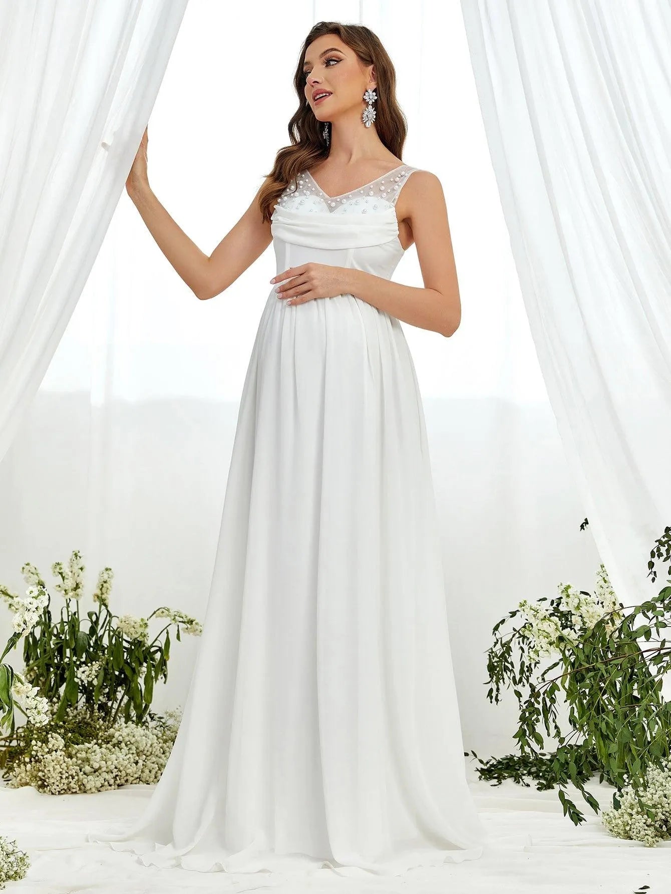 Maternity Pearl Details Sleeveless Chiffon Wedding Dress