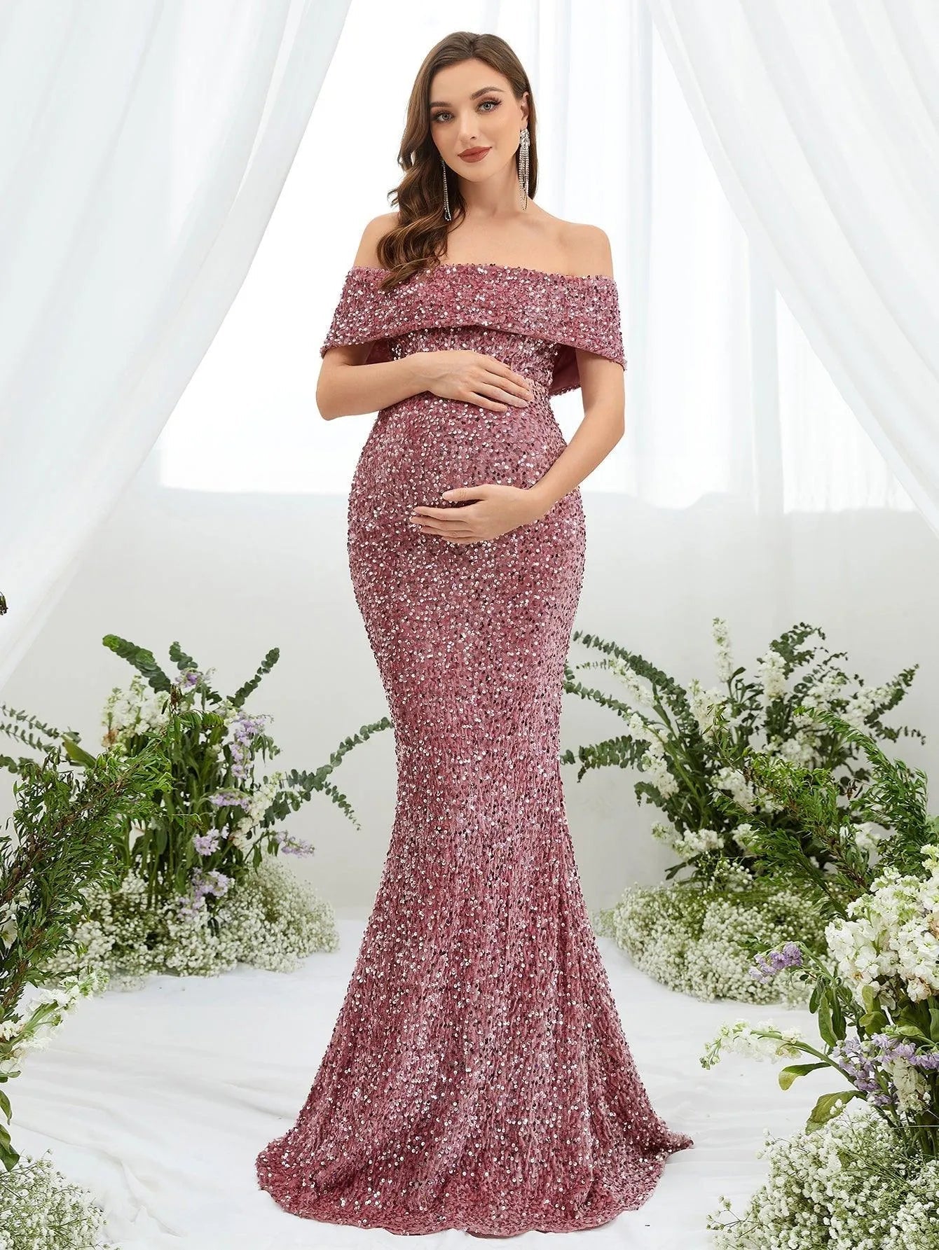 Maternity Off Shoulder Sequin Mermaid Dress