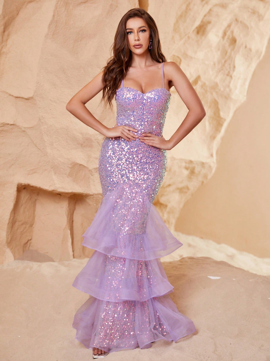 Back Cut Out Sleeveless Sequin Layered Mermaid Dress