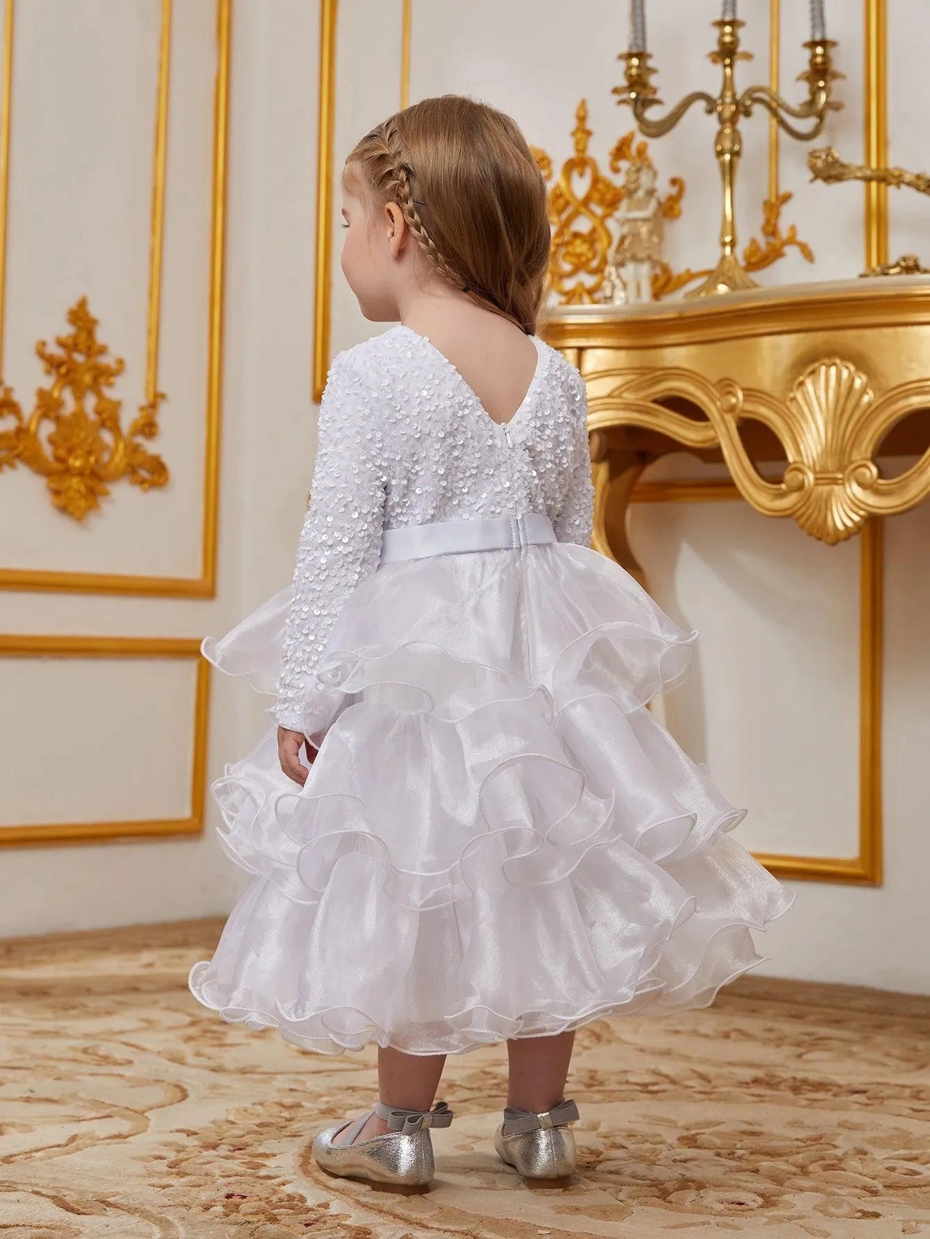 Young Girls' Sequin Contrast Layered Organza Hem Dress