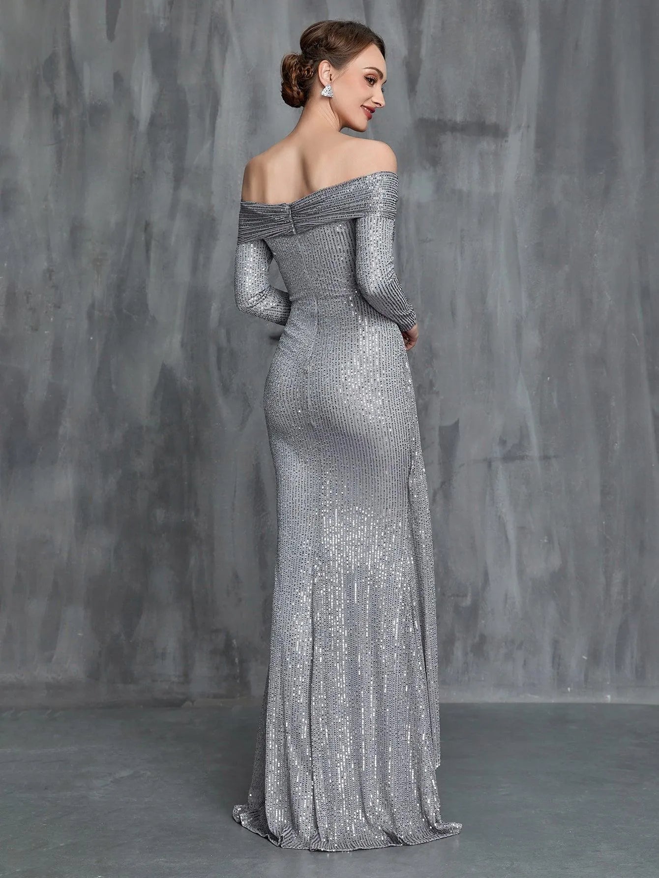 Womens' Off Shoulder Long Sleeves Sequin Formal Dress