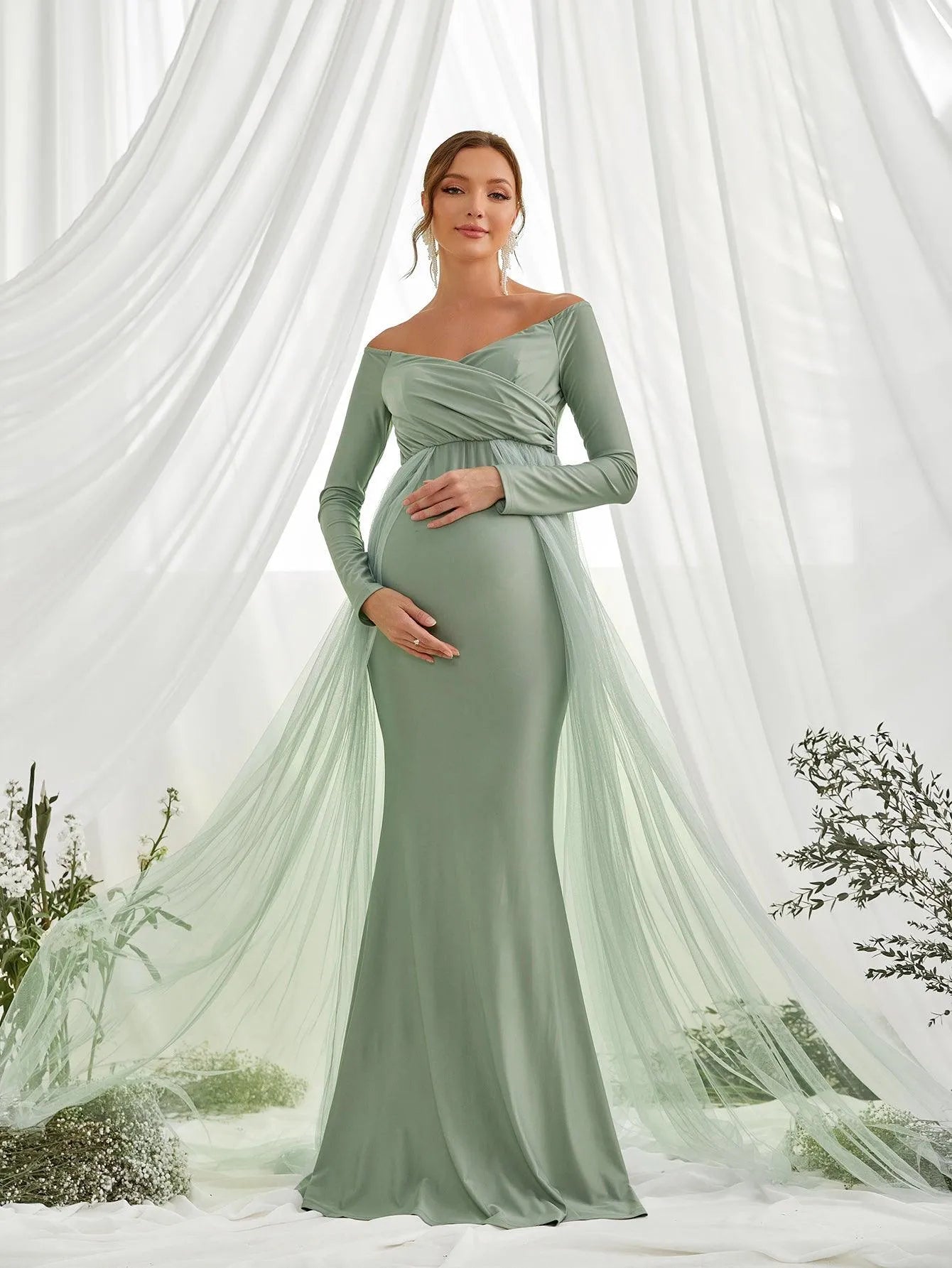 Maternity Off Shoulder Contrast Mesh Mermaid Dress