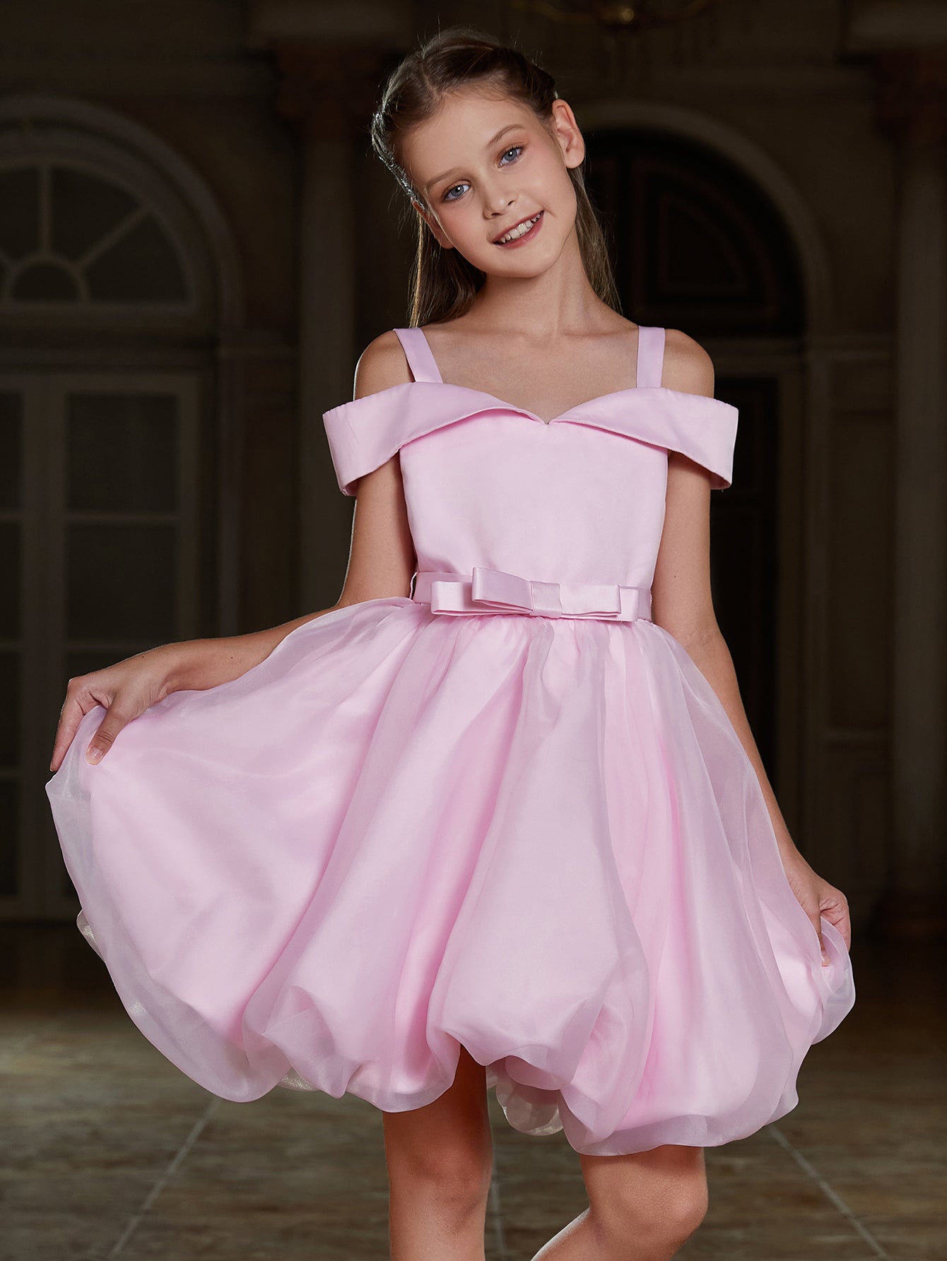 Girl's Off Shoulder Bow Hem Satin Cami Dress