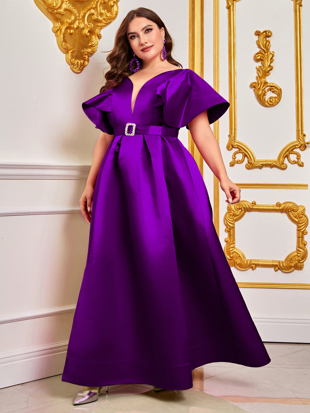 Plus Rhinestone Detail Belted Ruffle Sleeve Satin Dress