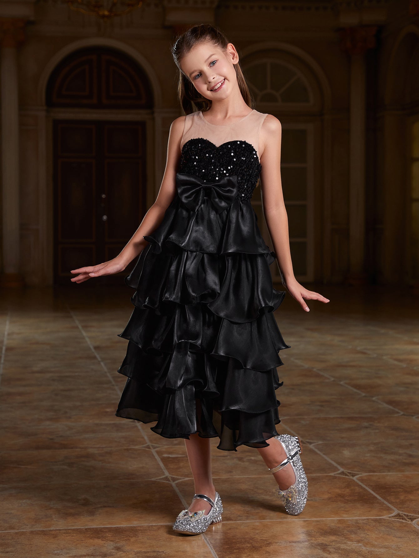 Girl's Sleeveless Sequin Contrast Layered Organza Hem Dress