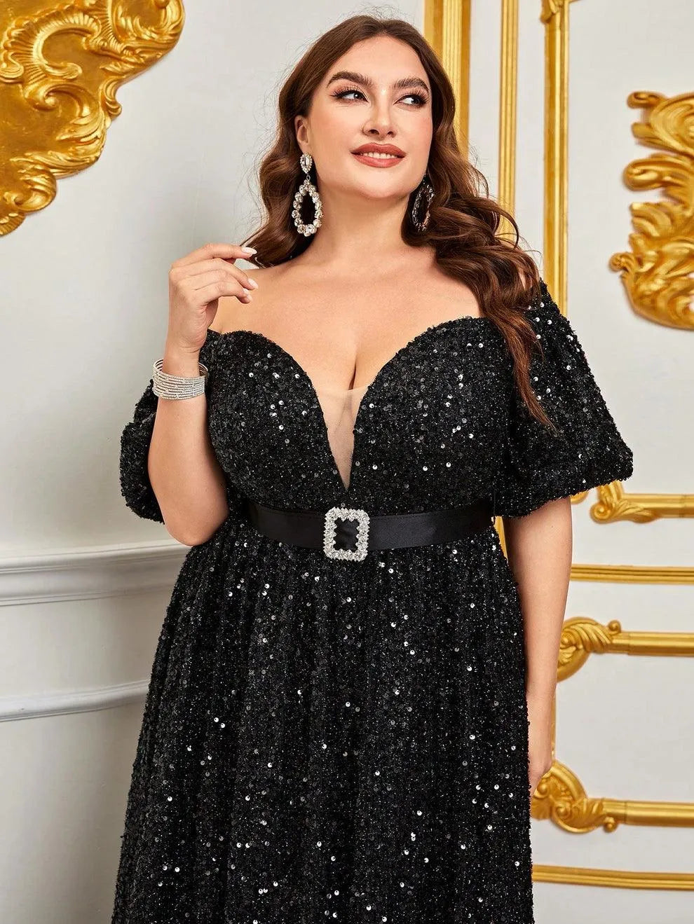 Plus Off Shoulder Puff Sleeves Sequin Formal Dress