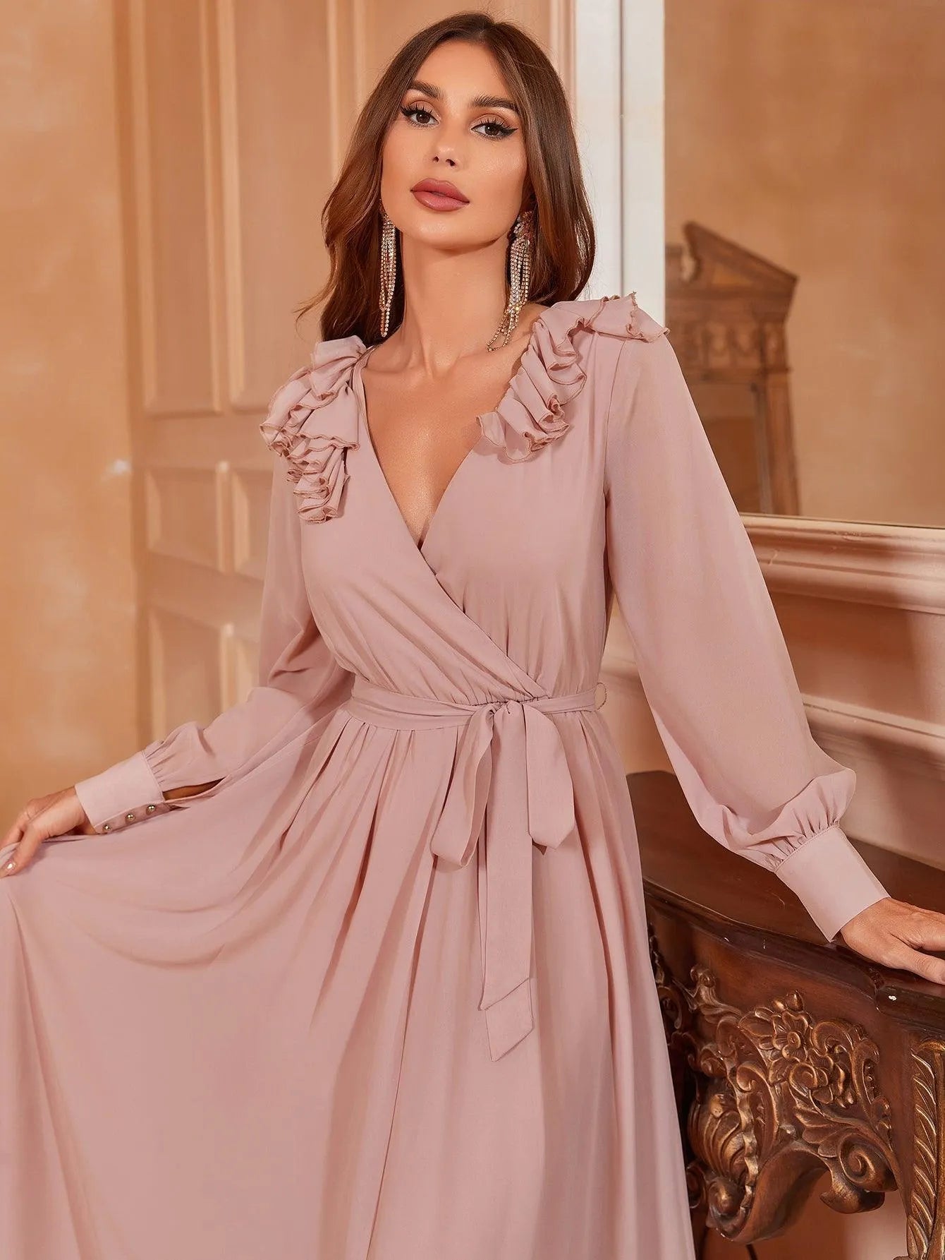 Solid Bishop Sleeves Chiffon Belted Dress