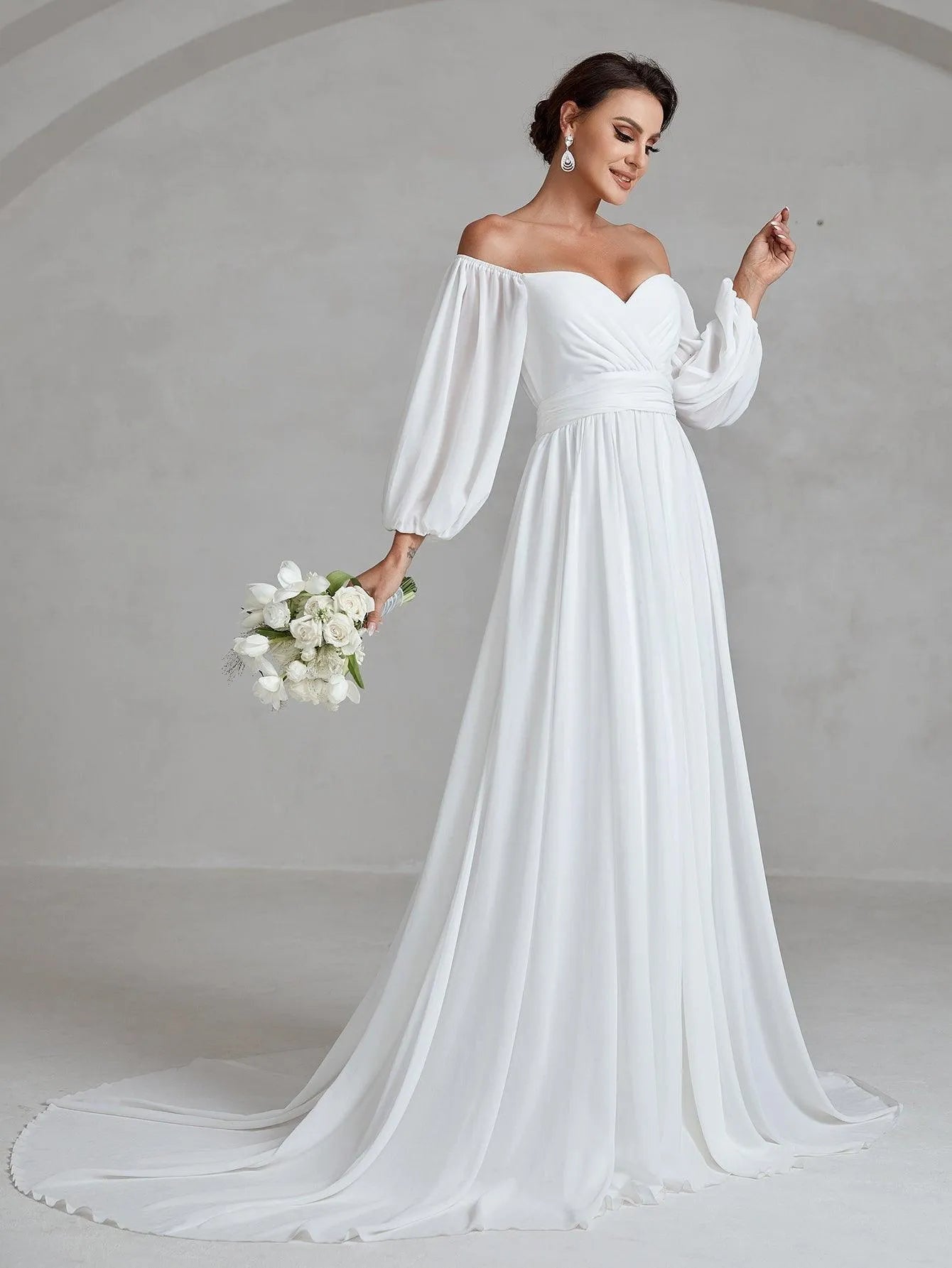 Off Shoulder Lantern Sleeves Chiffon Wedding Dress