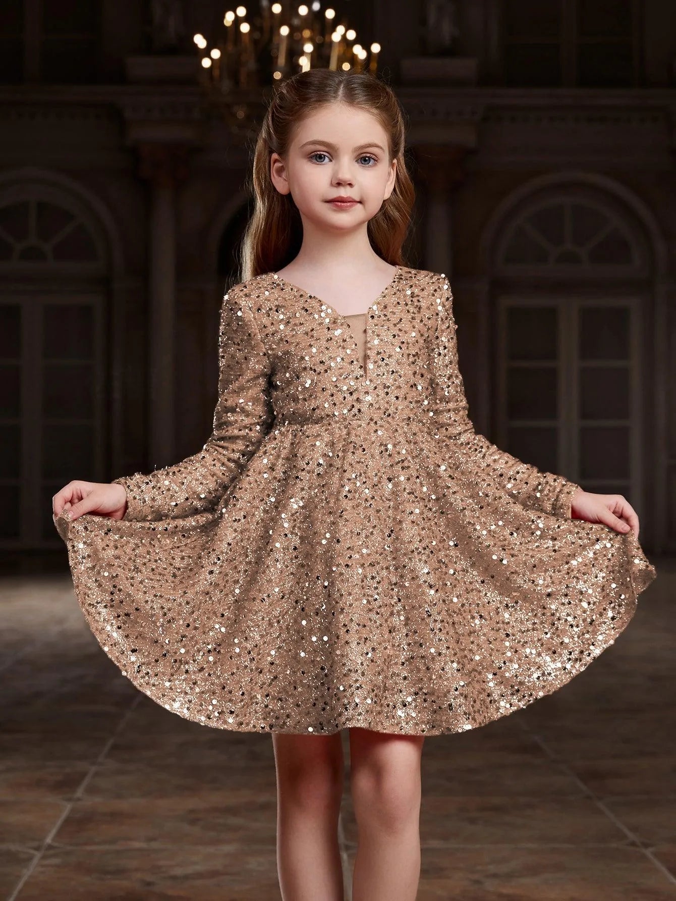 Tween Girls' V Neck Backless Sequin Party Dress