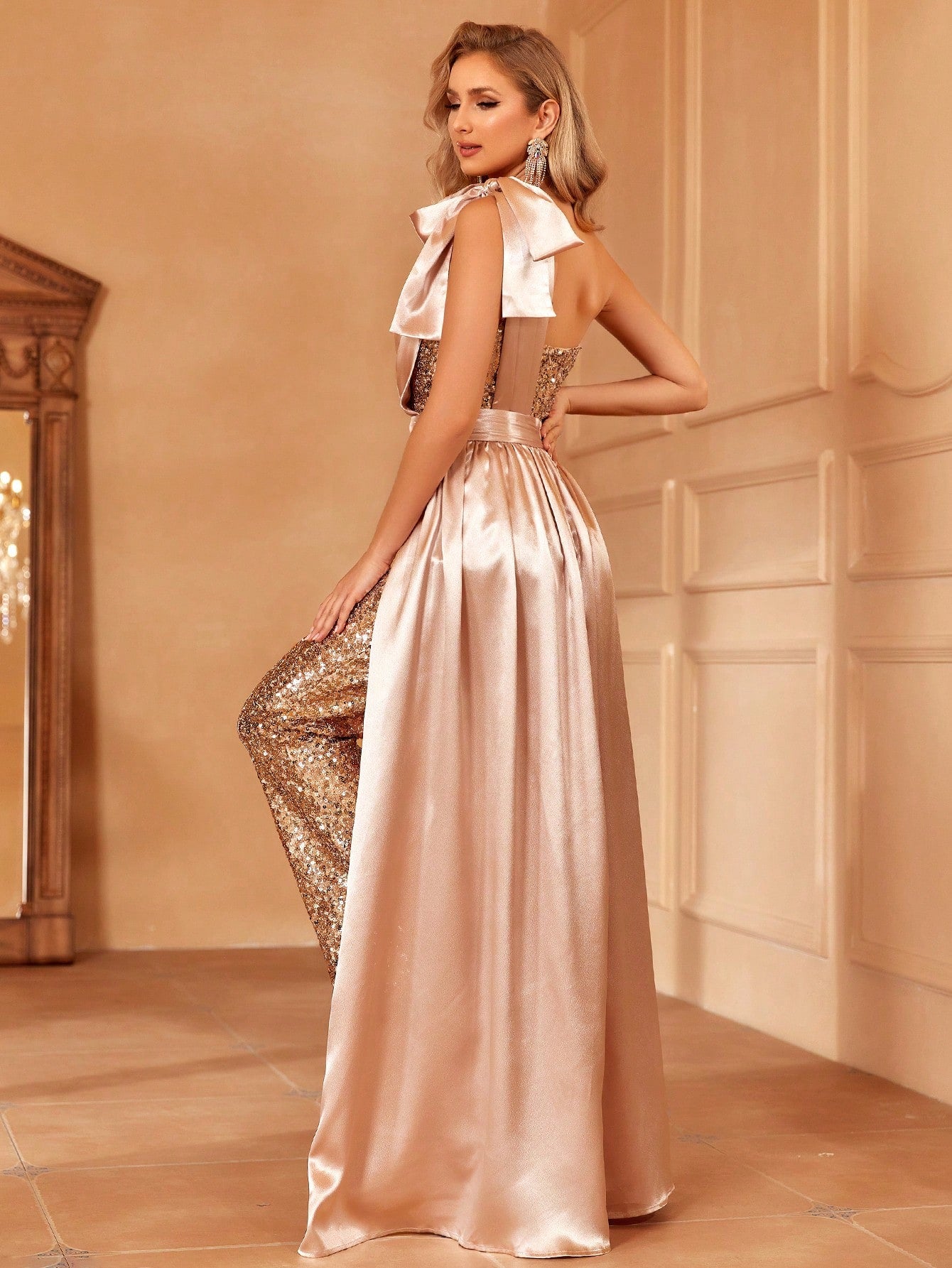 One Shoulder Sleeveless Sequin Jumpsuit With Tie Cape