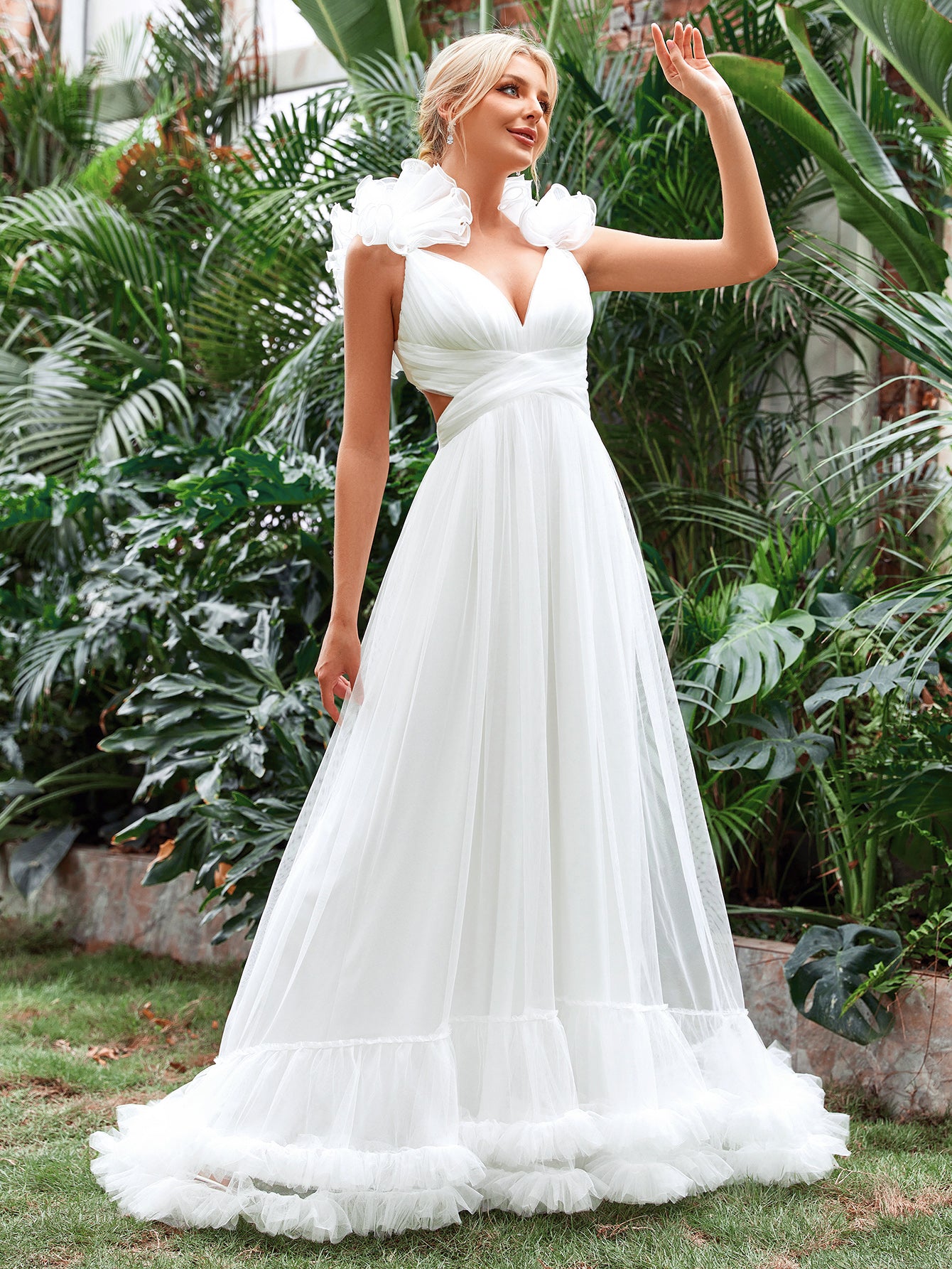 Backless Lace Up Ruffle Trim Cami Wedding Dress