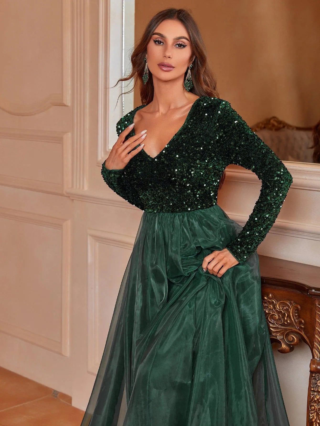 Classic Long-Sleeved V-Neck Formal Dress