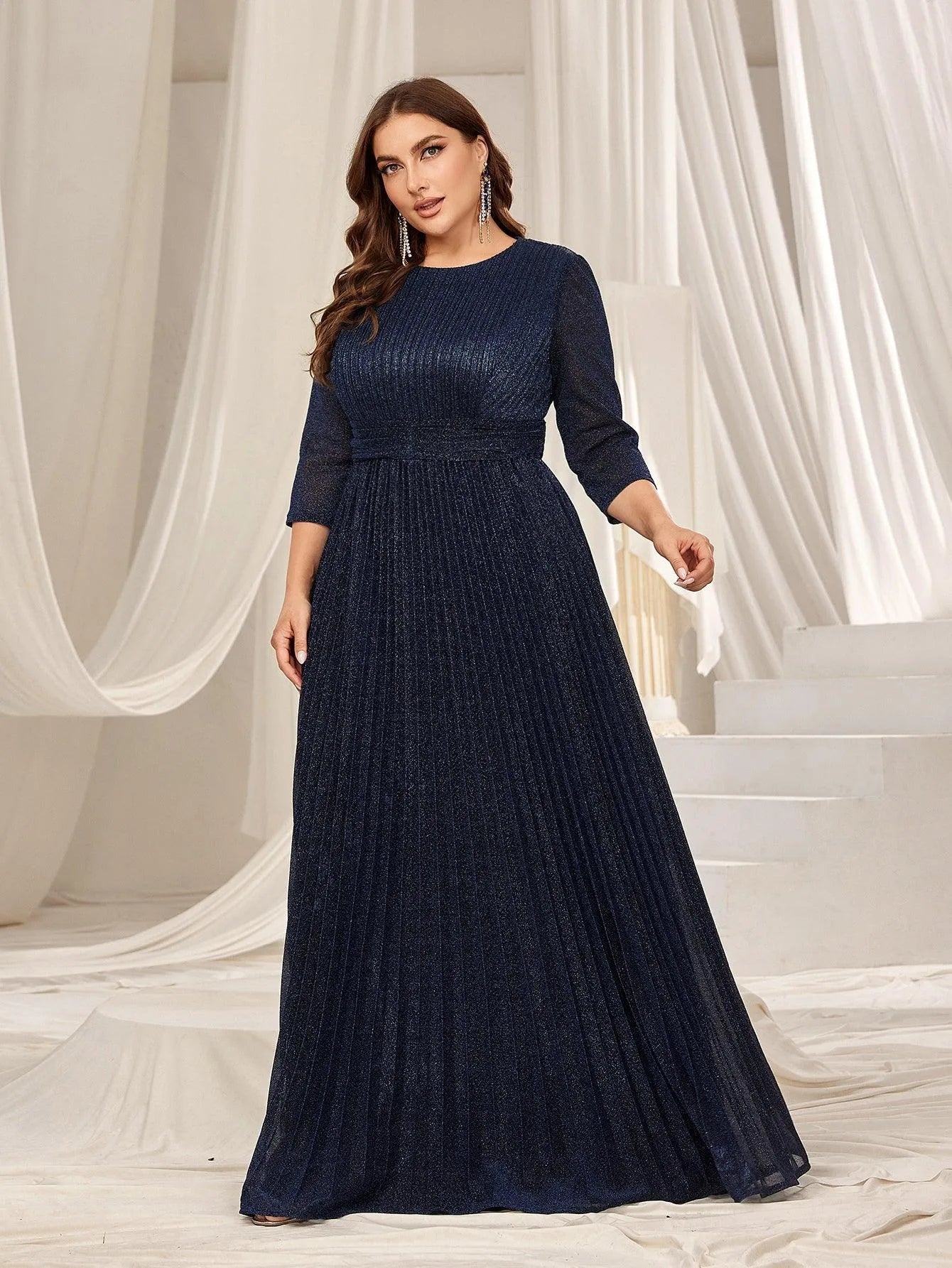 Plus Glitter 3/4 Sleeves Pleated A Line Evening Dress