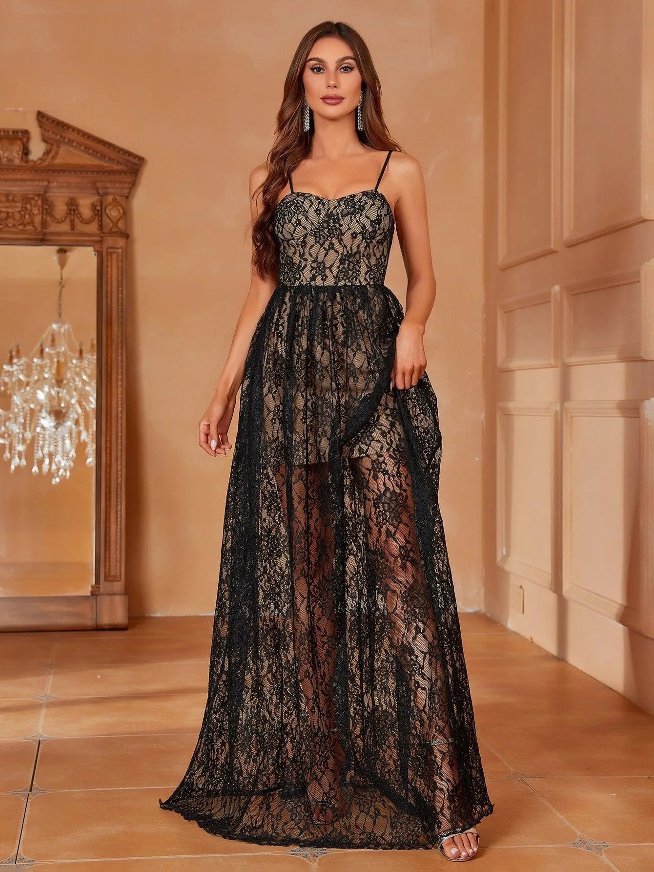 Lace Overlay Cami Formal Dress