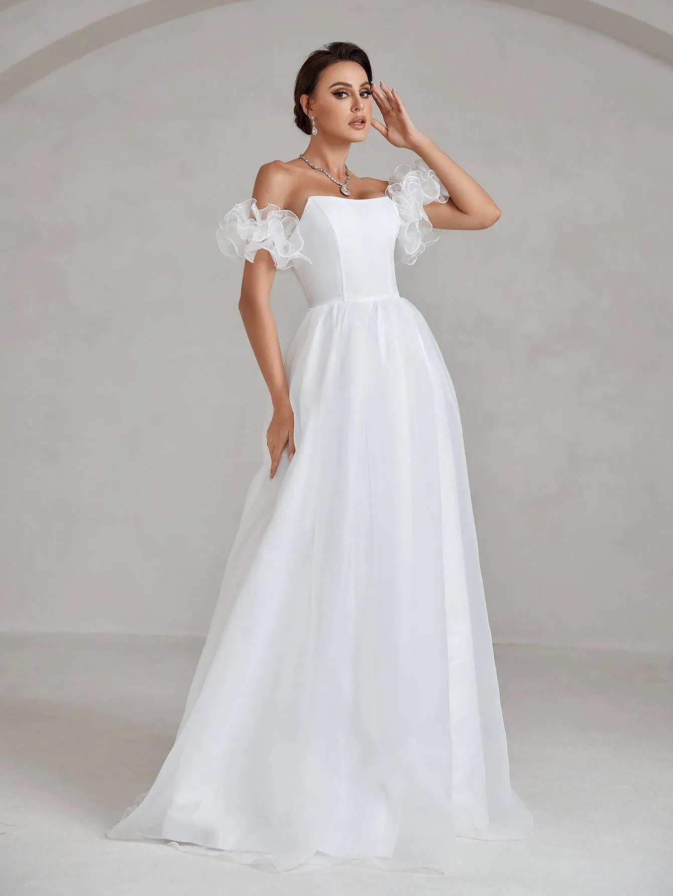 Ruffle Sleeve Organza Tube Wedding Dress