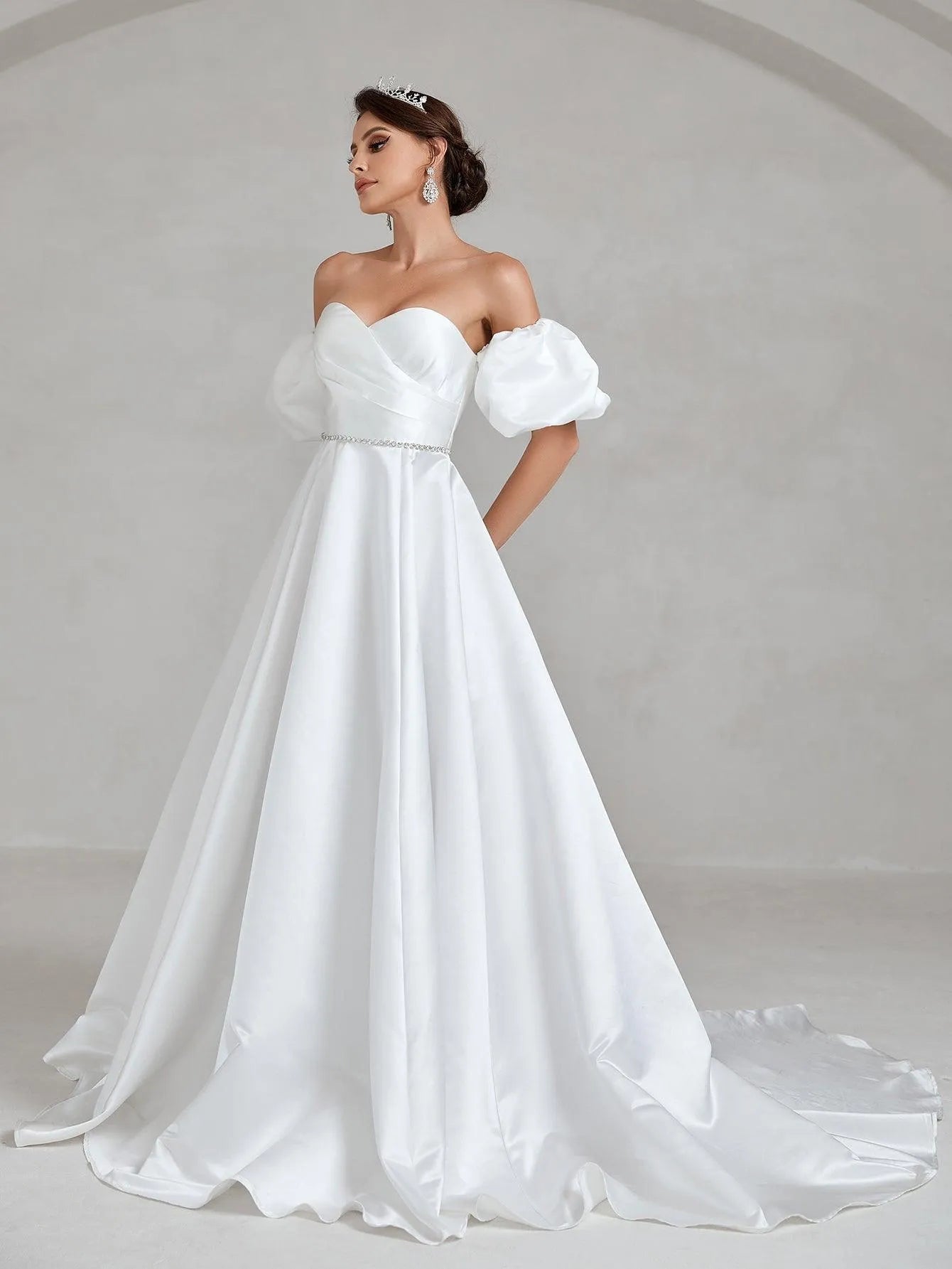 Puff Sleeve Rhinestone Waistband Satin Tube Wedding Dress