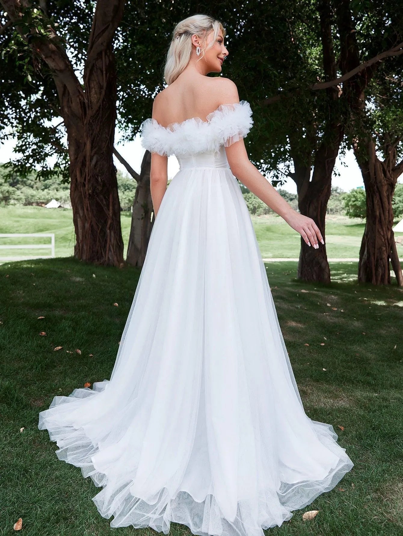 Ruffle Trim Off Shoulder A Line Wedding Dress