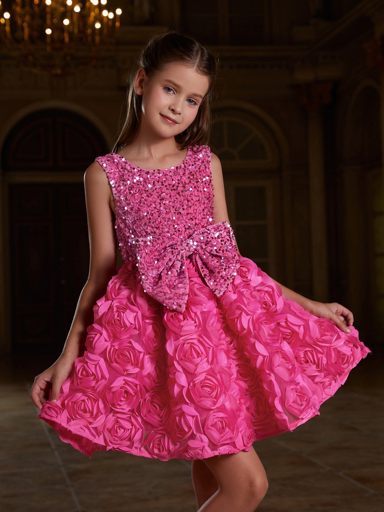 Girl's Cute Applique Contrast Sequin Party Dress