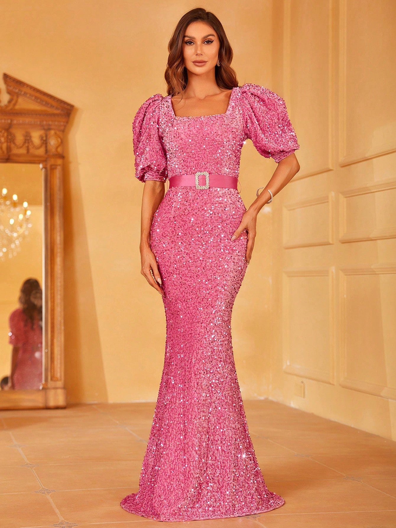 Square Neck Puff Sleeve Mermaid Hem Sequin Dress