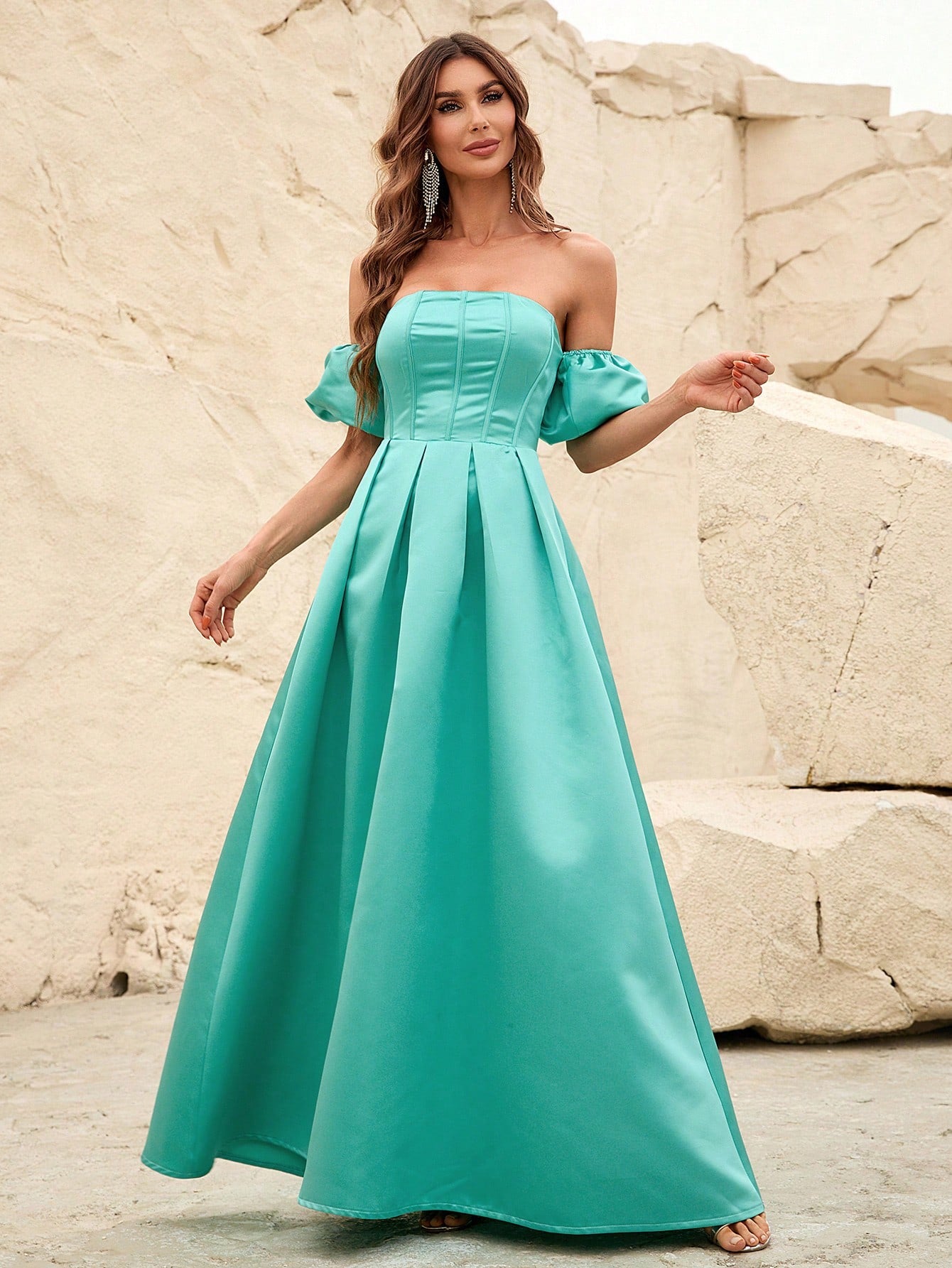 Off Shoulder Puff Sleeves Ruched Bust Fold Pleated Satin Gown