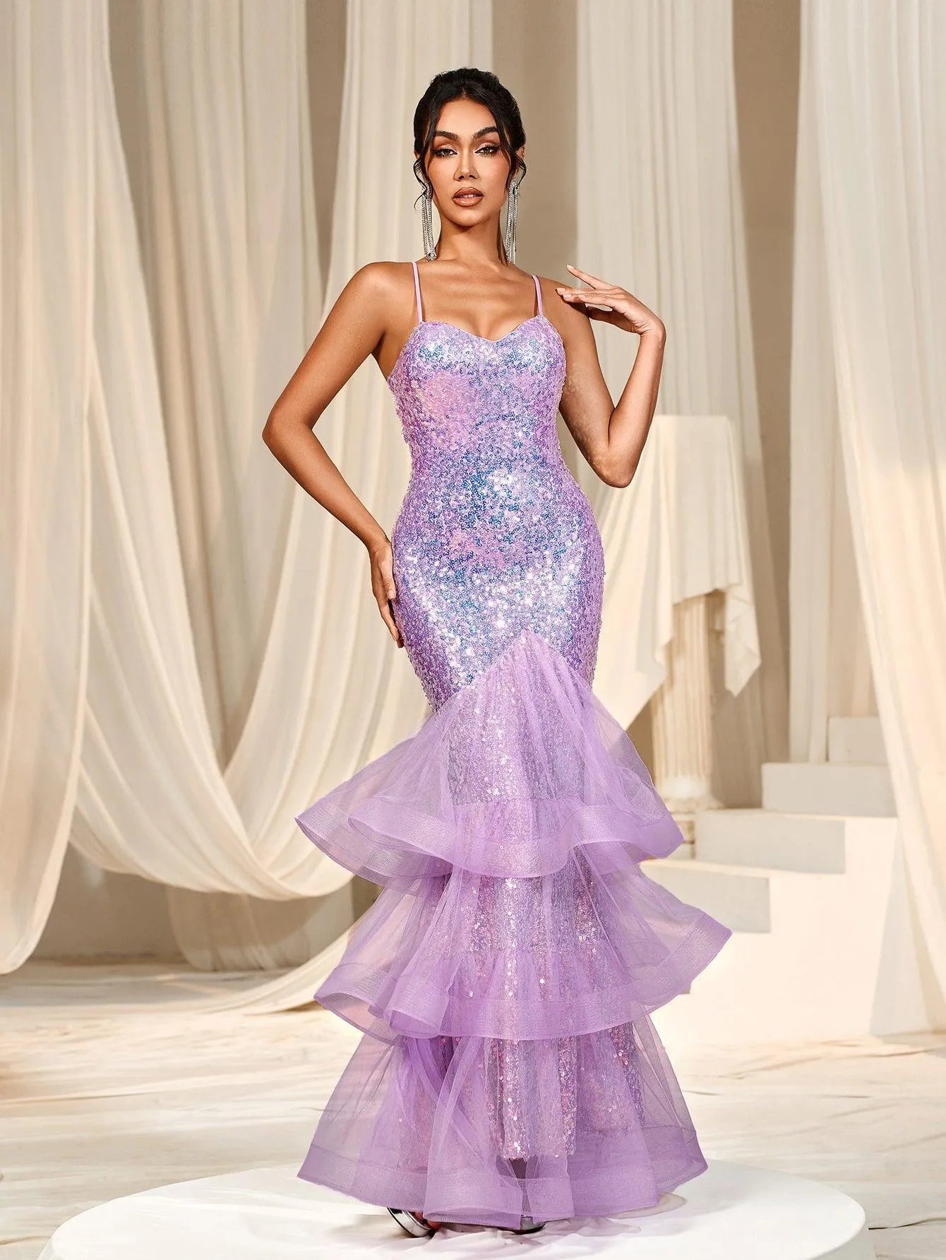 Backless Mermaid Hem Sequin Slip Prom Dress