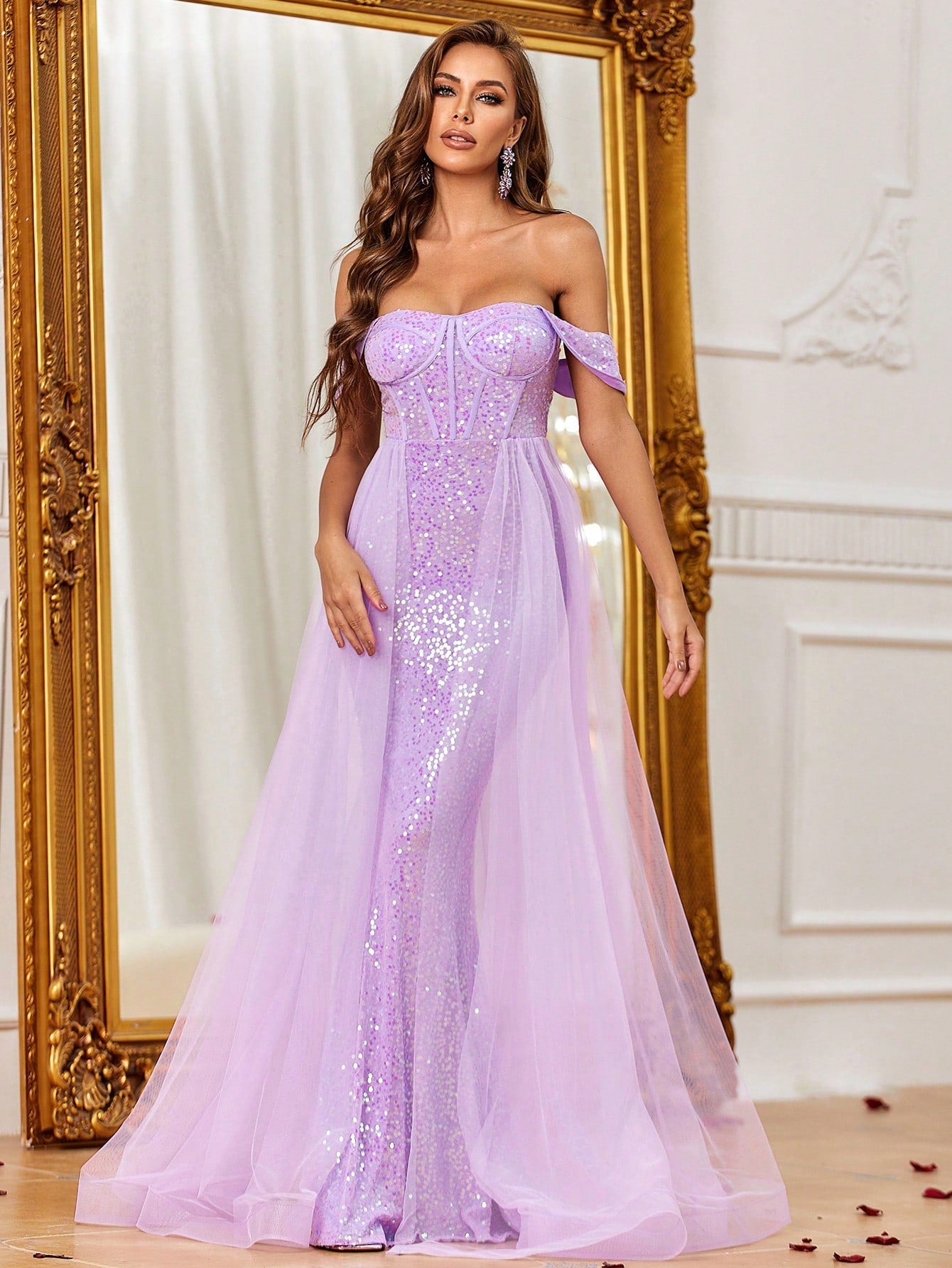 Off Shoulder Mesh Overlay Sequin Mermaid Dresses