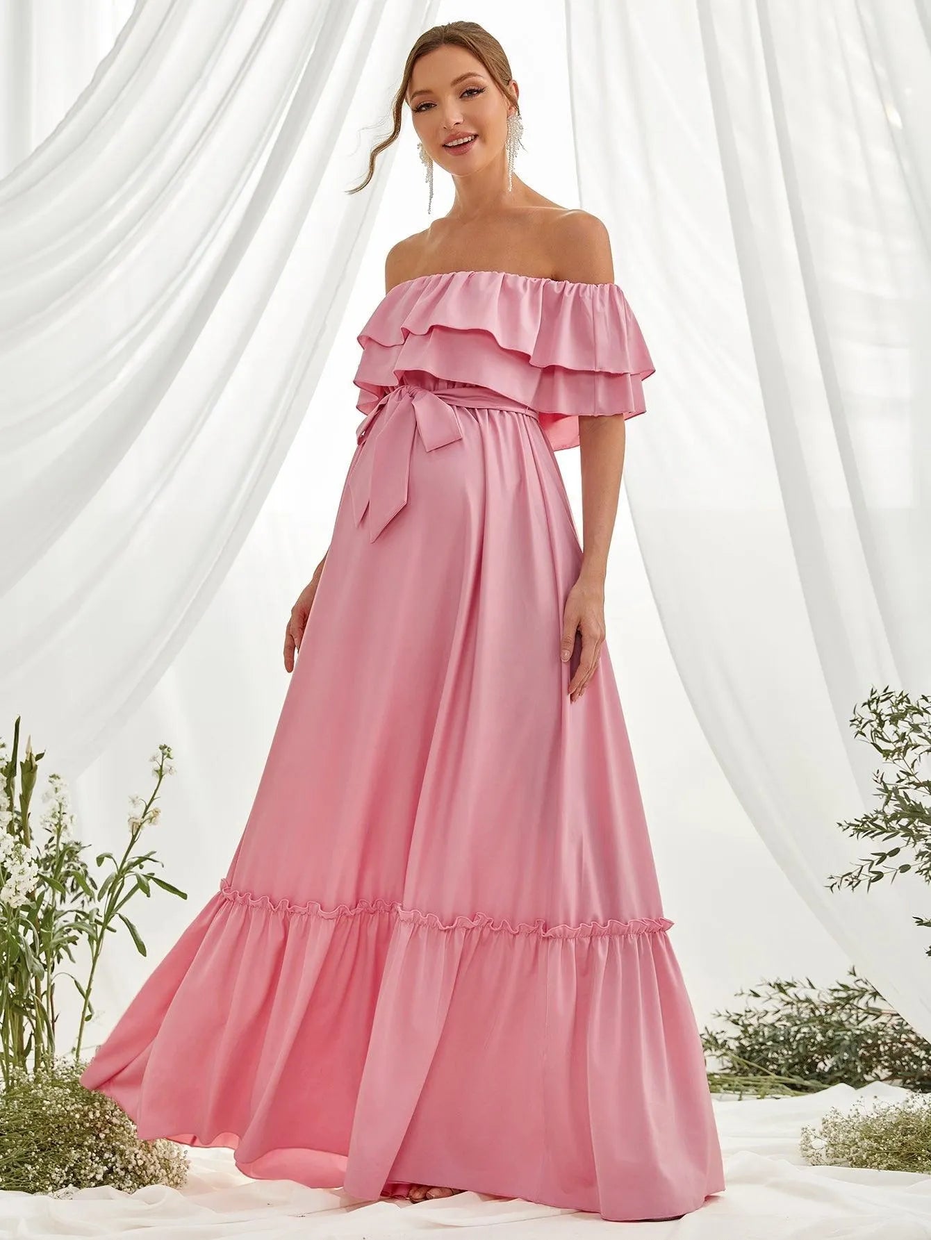 Maternity Off Shoulder Ruffle Trim Layered Hem Belted Dress