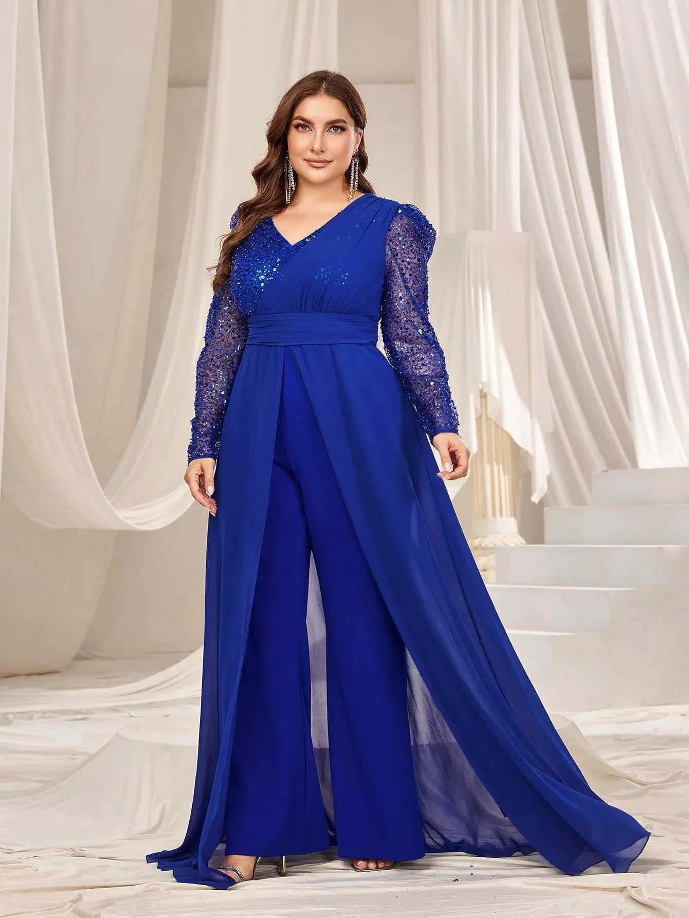 Plus Gigot Sleeves Chiffon Overlay Sequin Prom Jumpsuit