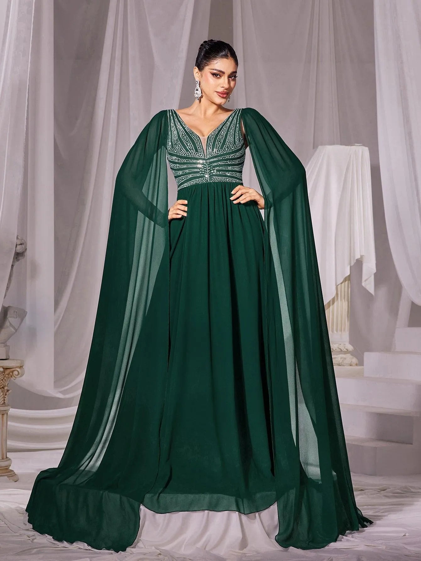 Rhinestone Detail Cape Sleeves Chiffon Evening Dress