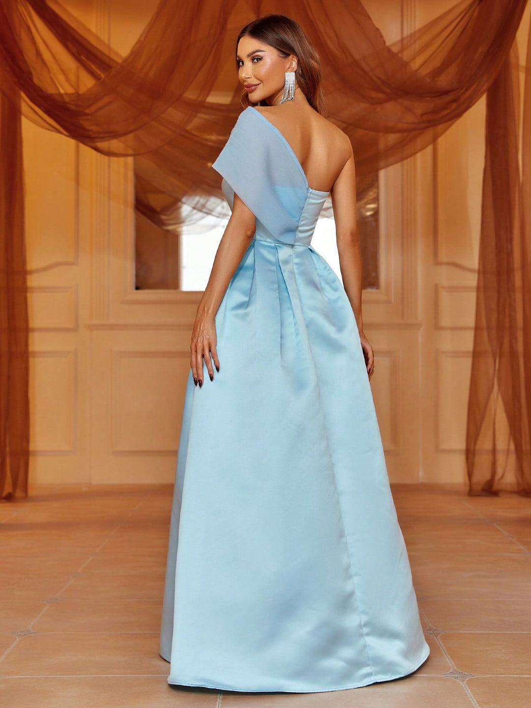 One Shoulder Sleeveless Satin Slit A Line Dresses