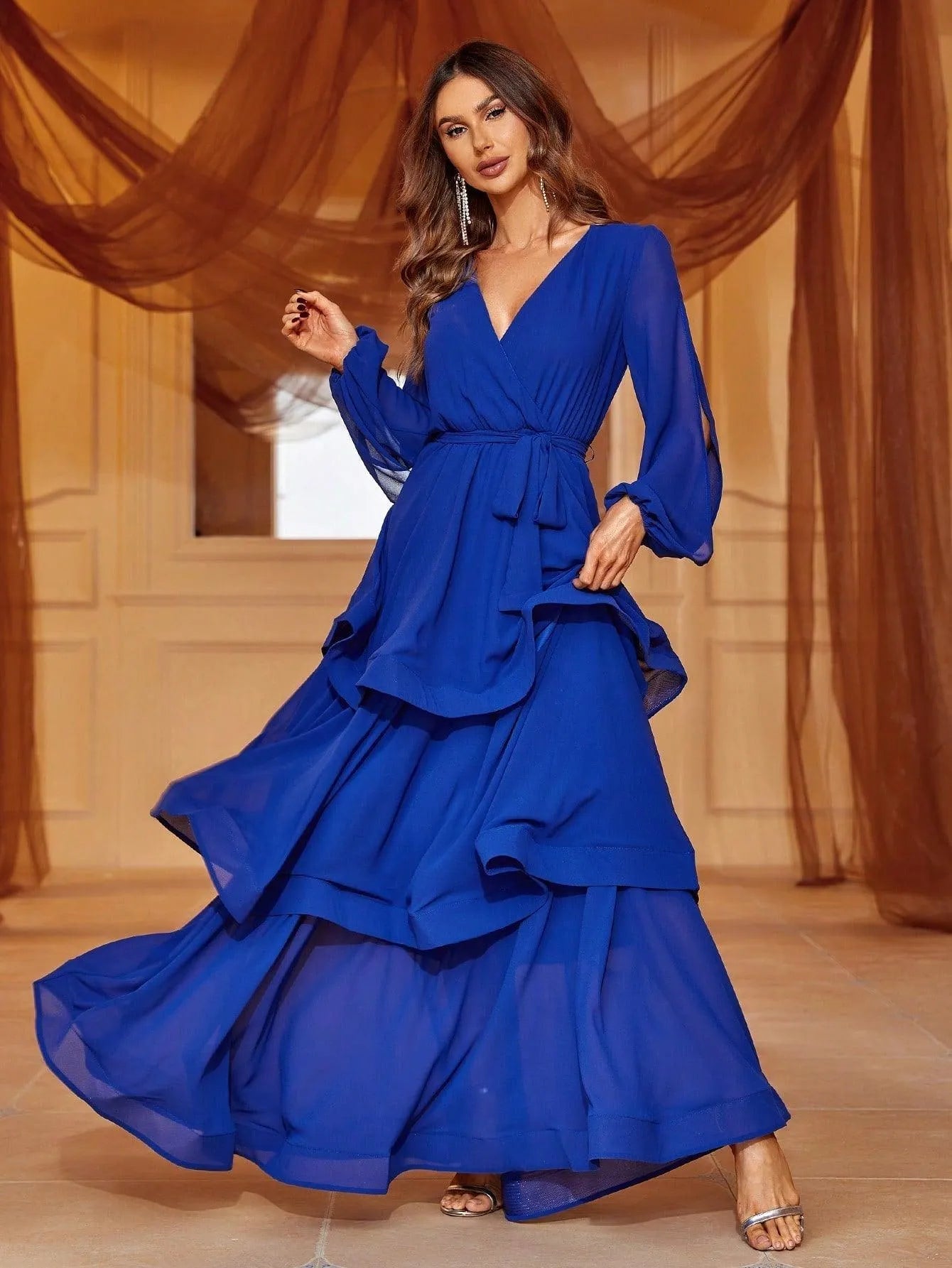 Cascading Ruffle Lantern Sleeves Chiffon Dresses