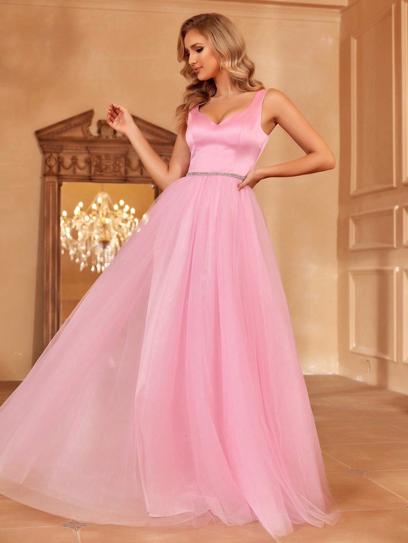 Sweetheart Neck Sleeveless Rhinestone Detail Satin A Line Dresses